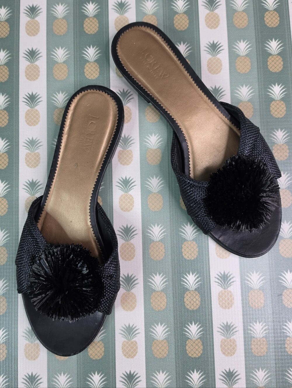 J. Crew Woven Black Pom Slide Sandals